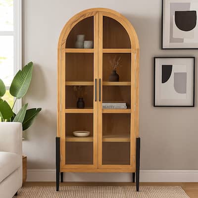 Bely Tall Curio Cabinet, Arch Accent Glass Doors, Black, Brown 83 Inch