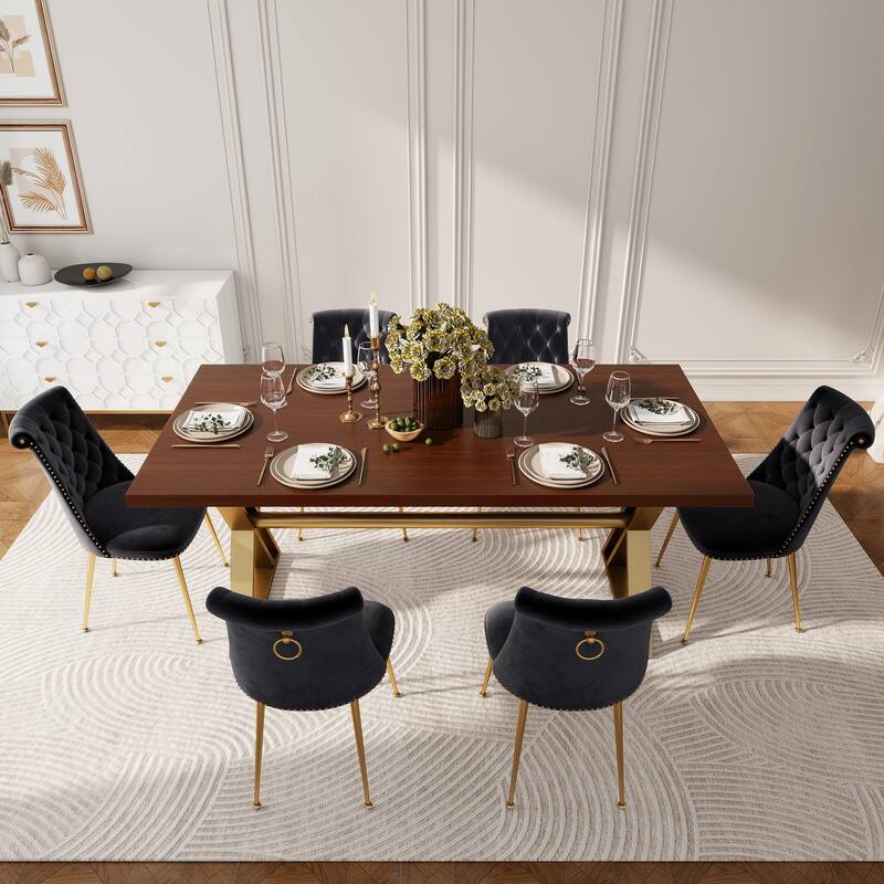 7-Piece Clihome Walut Wood Dining Table with Velvet Chair Dining Chair