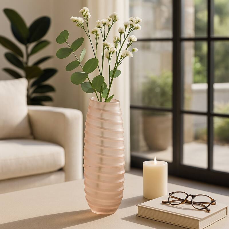 Carved Glass Modern Table Vase with Ribbed Silhouette - Ivory