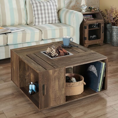 DH BASIC Rustic Oak 32-inch Open Shelf Mobile Coffee Table by Denhour