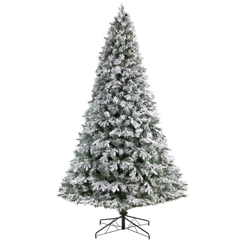 9ft Flocked Christmas Tree with Lights, Artificial Pine Tree, Holiday Decor, Realistic Holiday Tree - Green - 108