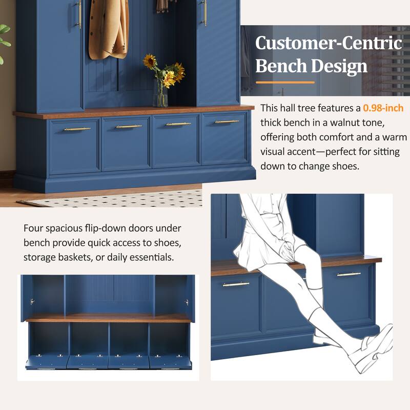 59" Farmhouse Hall Tree - 4-in-1 Entryway Bench with Golden Hooks, Adjustable Shelves & Shoe Storage