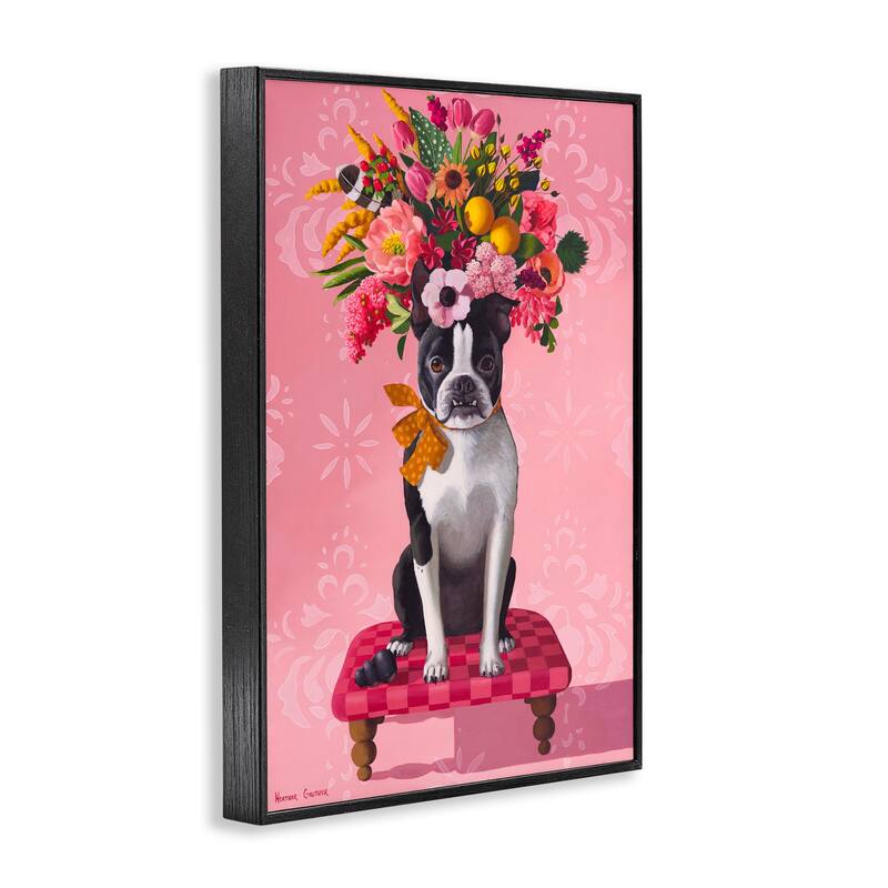 Stupell Bulldog & Pink Bouquet Framed Giclee Art Design By Heather Gauthier