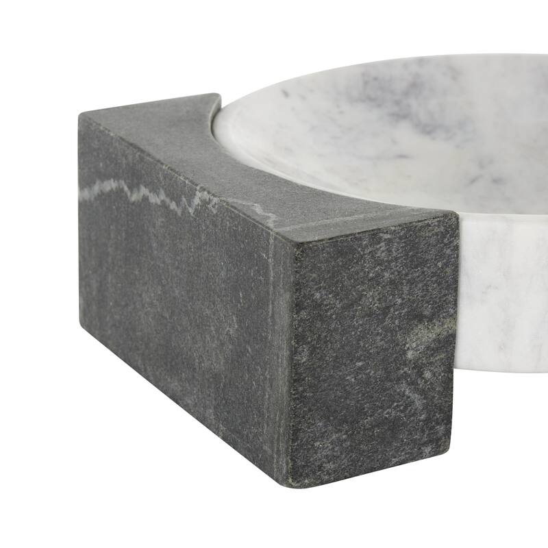 Marble Geometric Round Tray with Black Rectangular Blocks - White - Roche River Decor