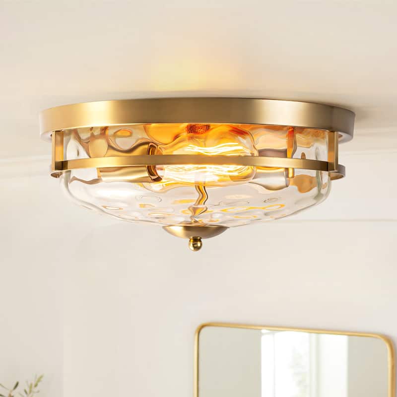 2-Light Modern Industrial ORB/Gold Ceiling Light Dome Cone Clear Water Rippled Glass Flush Mount Light