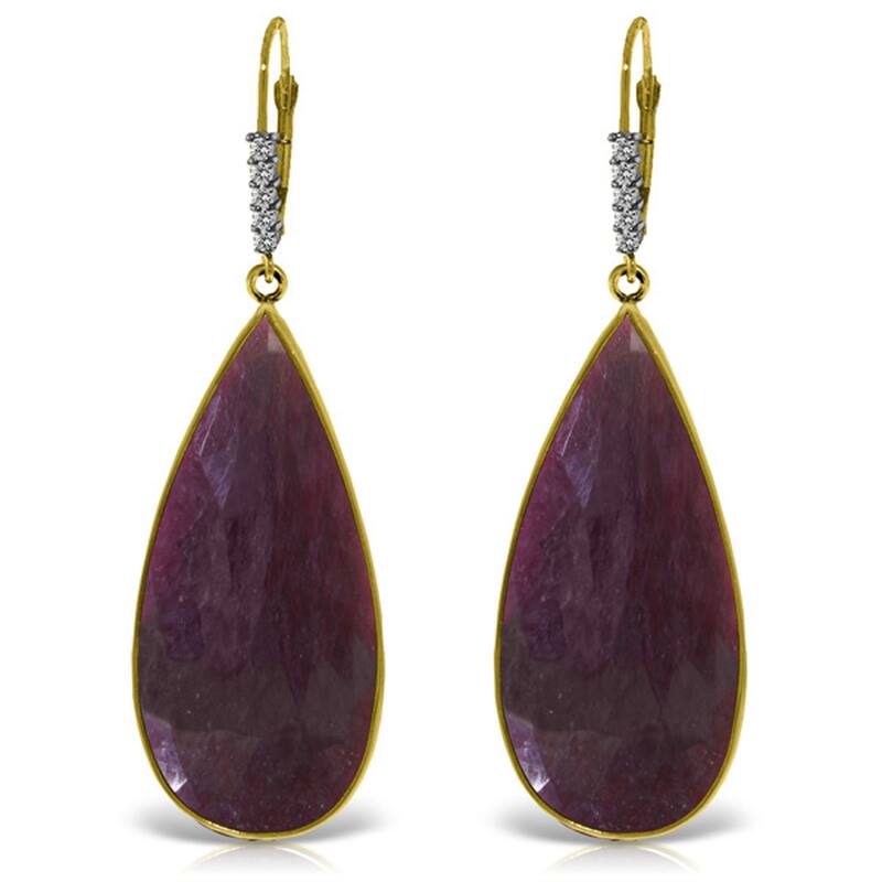 14K Solid Gold Diamonds Leverback Natural Ruby Gemstone Earrings - Yellow