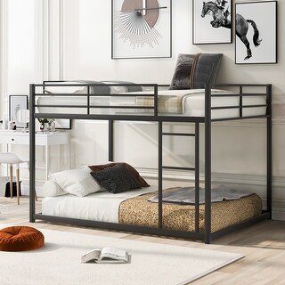 Black Full over Full Size Metal Low Bunk Bed with Ladder & Fence