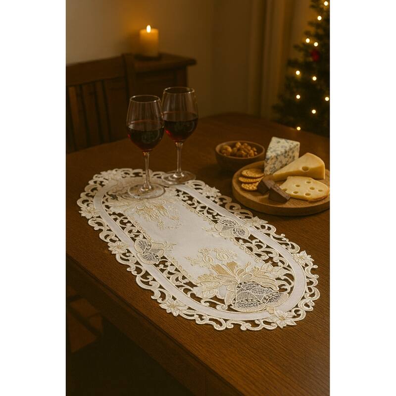 Christmas Candle Beige Lace Embroidered Cutwork Rectangular Table Runner, 13 by 27 inch