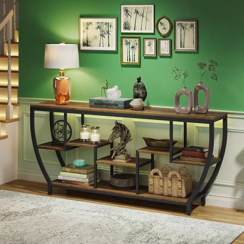Industrial Console Table with Metal Frame 7 Staggered Shelves Entryway Sofa Hallway Table TV Stand - 70.86" x 11.81" x 35.43"
