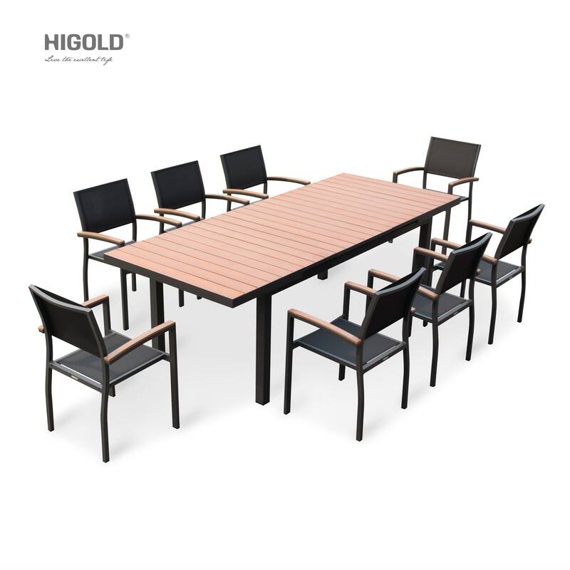 Carlo 9 Pieces Imitated Wood Plastic Outdoor Dining set for 8 Person, Extendable Table and Stackable Chair