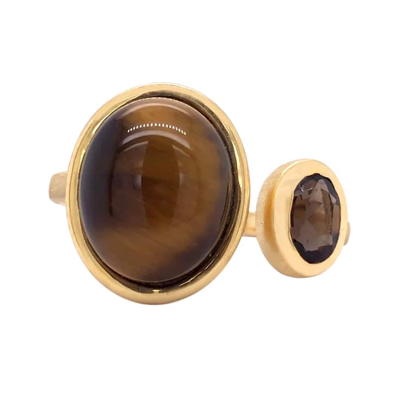 18K Yellow Gold Over Sterling Silver Tiger Eye, Smoky Quatrz Ring