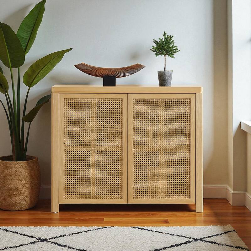 39.4" Mid-Century Modern Rattan Sideboard Buffet Cabinet with Outlet Holes, Retro Credenza Storage - Natural