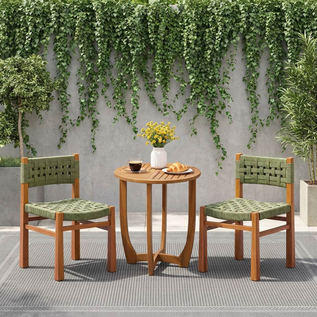 Christopher Knight Home - Carys 3-Piece Outdoor Acacia Wood Dining Set with Wicker Woven Back Chairs & 27.5" Round Slat Table