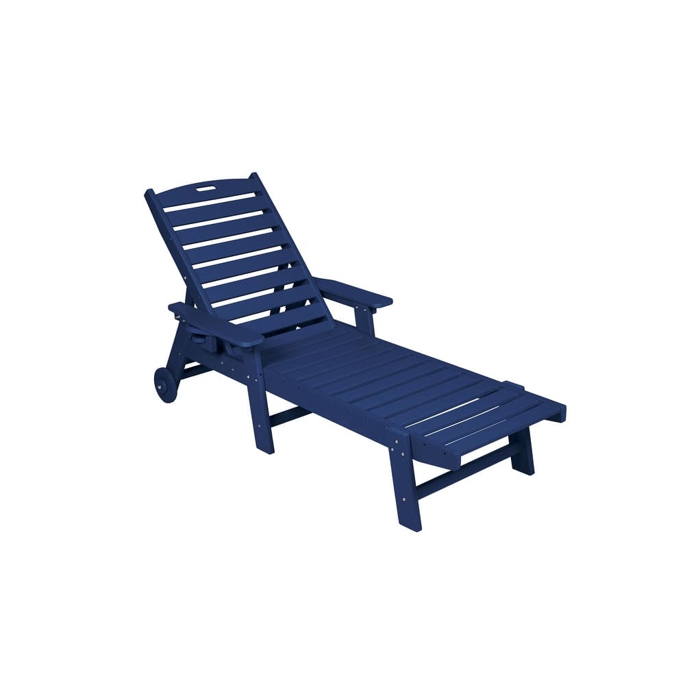Wood Chaise Lounge Chair with Wheels, Patio Reclining Chair with 5-Level Backrest Adjustment & Cup Holder