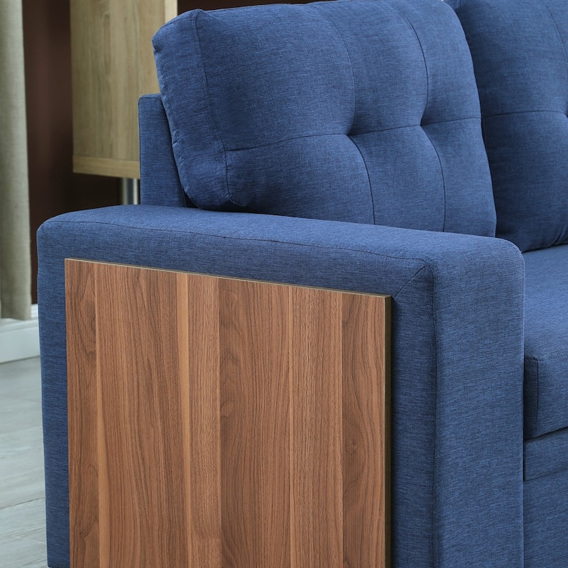 Linen L-Shaped Convertible Sectional Sofa Bed with Storage and Wooden Accent