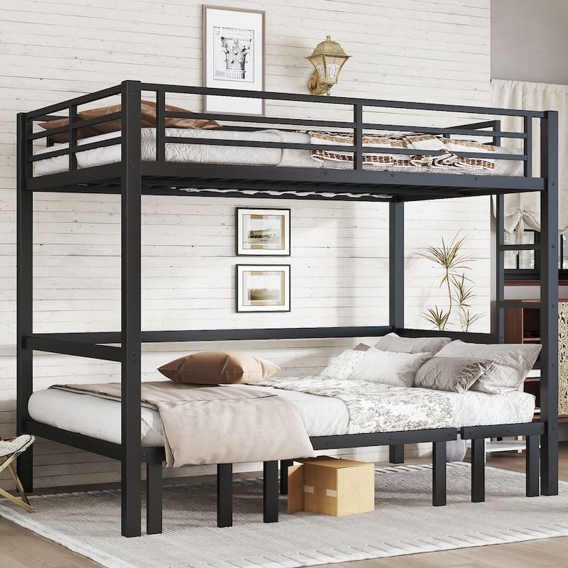 Roomfitters Full/Queen Metal Pull-Out Bunk Bed with 3-Section Expandable Lower Bunk & Safety Rails, Space-Saving Frame, Black