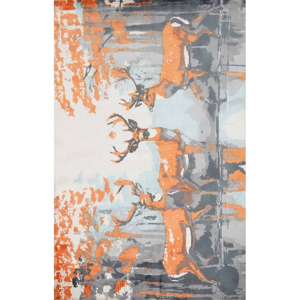 Hand Knotted Oriental Viscose Silk Carpet Modern Animal Pictorial Greys & Charcoal Abstract Area Rug - 7' 11'' X 5' 7''
