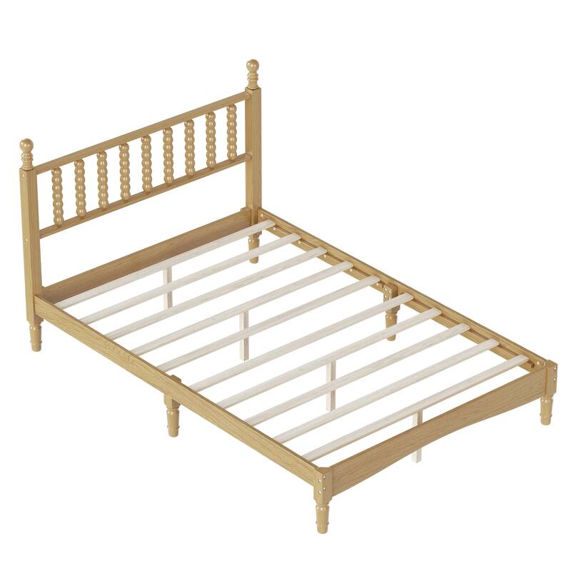 Retro Style Wood Low Profile Platform Bed with Wooden Slat Support and Gourd Shaped Headboard, No Box Spring Needed