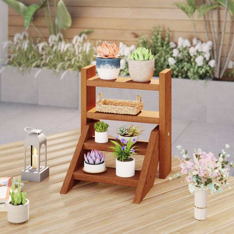 Natural Solid Wood 4-Tier Ladder Flower Stand for Indoor Outdoor - 12" x 12" x 14"