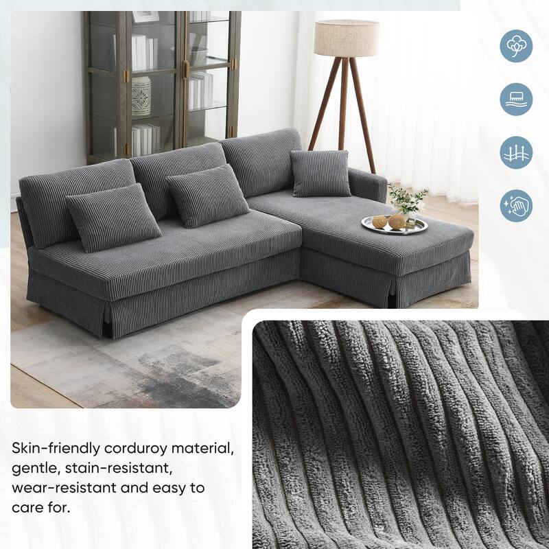 87X61"Modern L-shaped Corduroy Sofa with Reversible Chaise, 4-seat Upholstered Sectional Indoor Furniture for Living Room