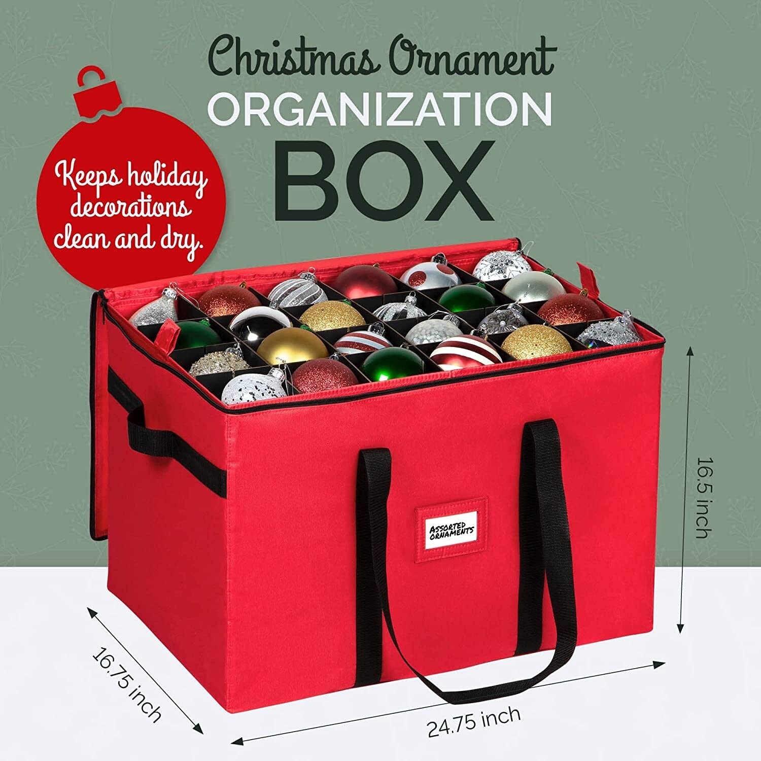 Christmas Ornament Storage Box with Adjustable Dividers - Storage Container  Keeps 128 Holiday Ornaments 3-Inch, Dual Zipper, 600D Tear-Proof