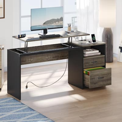 Computer Desk Lift Top Desk with Outlet and Drawers File Cabinet