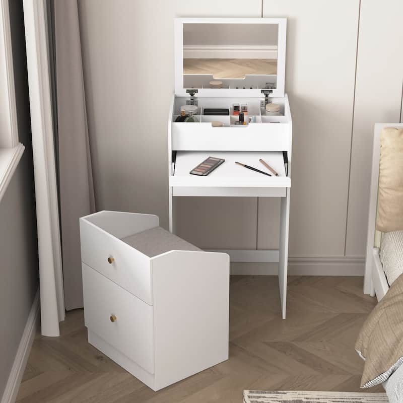 Anmytek Multifunctional Storage Unit White Vanity Desk with Mirror,Chair, Drawers for Small Spaces