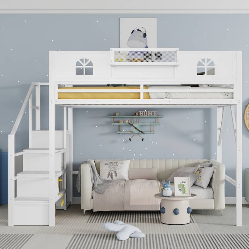 White High Loft Bed Frame with Storage Stairs and Wardrobe, Loft Metal Frame Bed with High House Shaped Guardrails for Kid Teens