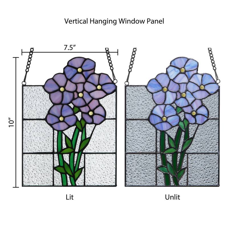 River of Goods Forget Me Nots in Bloom River of Goods Purple, Clear and Green Stained Glass Window Panel - 7.5" x 0.25" x 10"