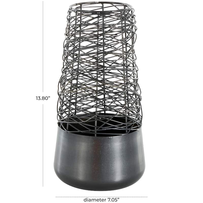 Black Metal Intertwined Wire Abstract Vase with Solid Matte Base