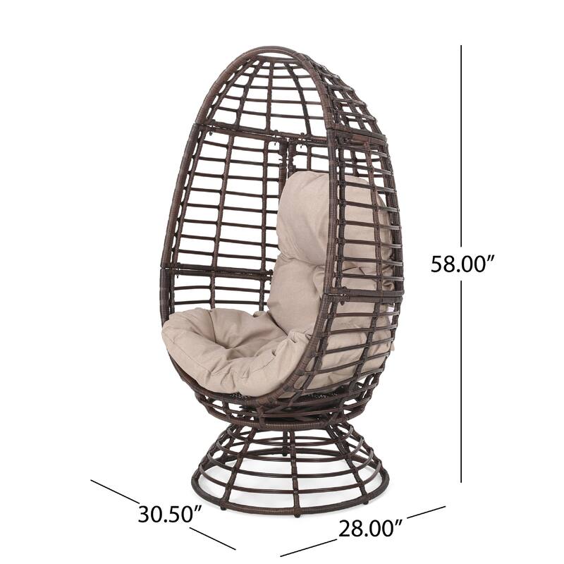 Swivel Outdoor Egg Chair, Brown PE Woven Rattan, Iron, Beige Polyester