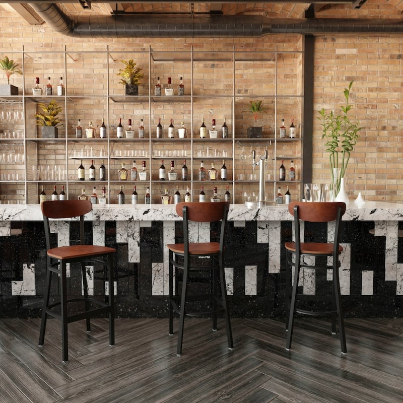 Commercial Metal Barstool with Wood Seat and Boomerang Back