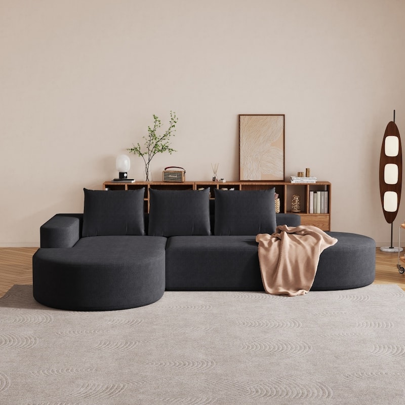 108.5" Modern Curved Chenille Upholstered Sectional Sofa with 3 Pillows - Black - Right Facing