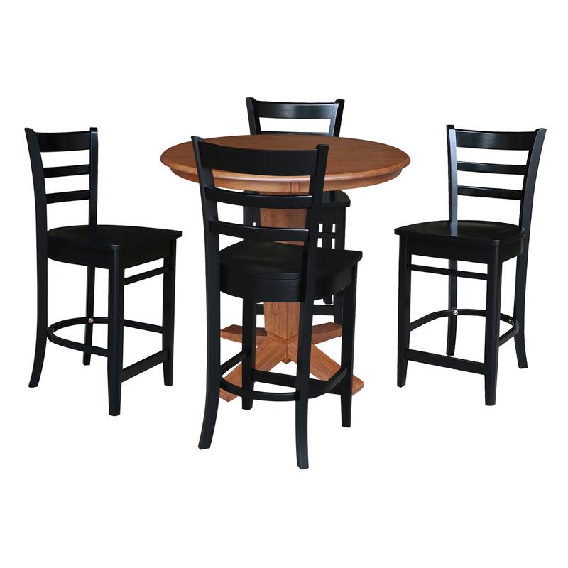 36 in Solid Wood Round Top Pedestal Dining Table with Stools in Distressed Oak/Black - 5-Piece