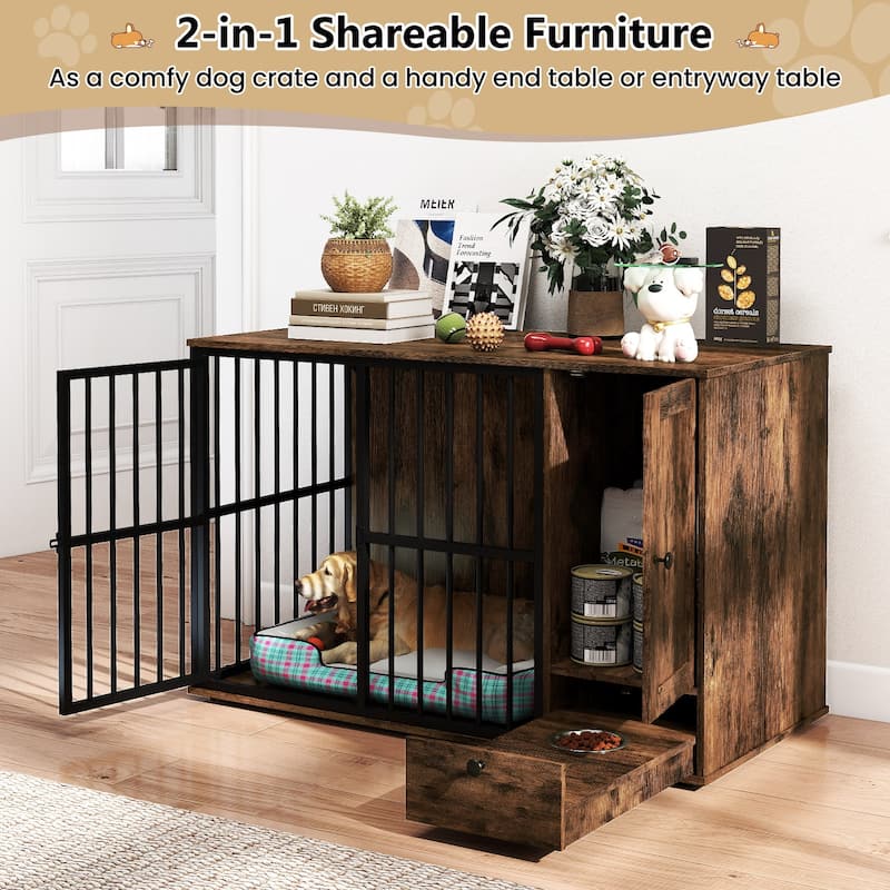 Gymax 47 5''Dog Crate End Table w/ Hidden Bowls & Storage