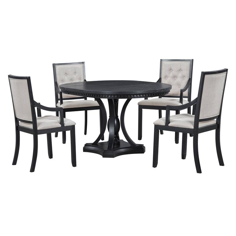 5-Piece Round Dining Set, Extendable Dining Table with 4 Cushioned Chairs, Kitchen Table Set for Dining Room