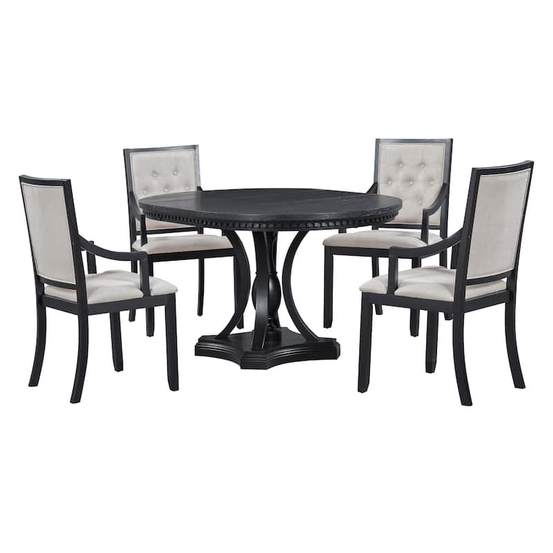 Retro Dining Table and Chairs 5-piece Set, Retractable Round Table with 4 upholstered Chairs, Kitchen Dining Room Coffee Table