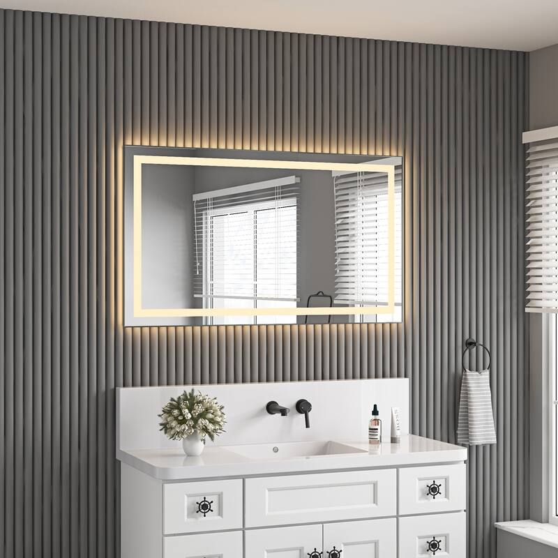 48" x 28" LED Bathroom Mirror with Front and Backlight, Wall Mounted Vanity Mirror with Aluminum Frame, Anti-Fog - Gun Ash - Gun Ash