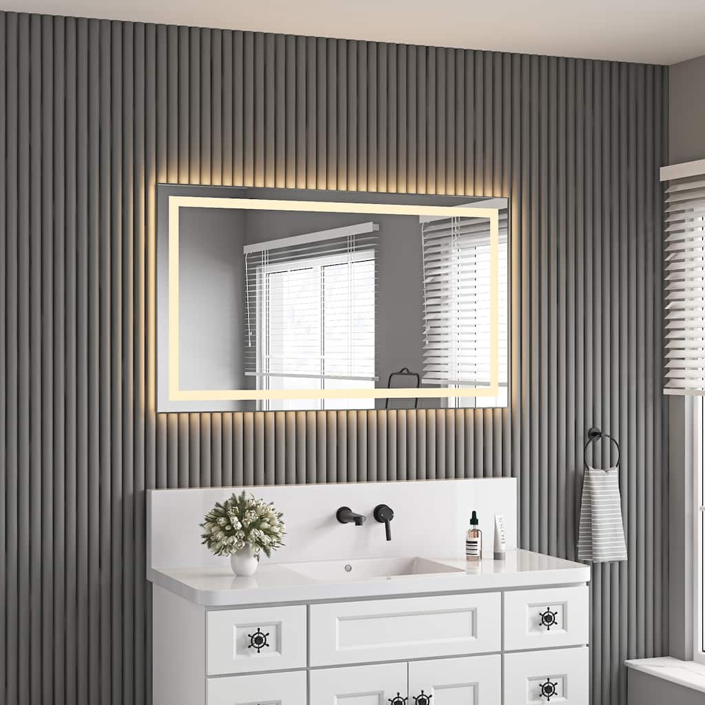 48" x 28" LED Bathroom Mirror with Front and Backlight, Wall Mounted Vanity Mirror with Aluminum Frame, Anti-Fog - Gun Ash