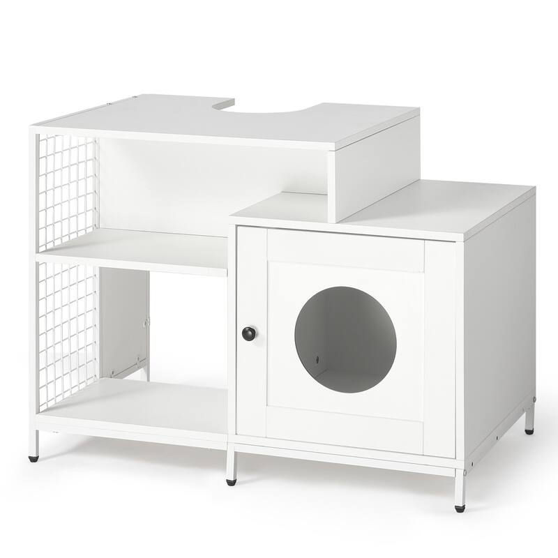 Cat Litter Box Enclosure for Bathroom, Hidden Litter Pet Washroom with Divider, Indoor Cat House for Large Cats, White
