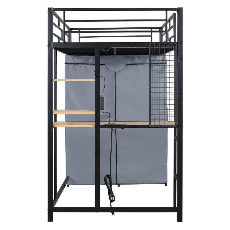 Modern Loft Bed with Desk & Wardrobe, Metal Loft Bed Frame with Shelves, USB Power Outlet, LED Light, for Kids Teens Adults