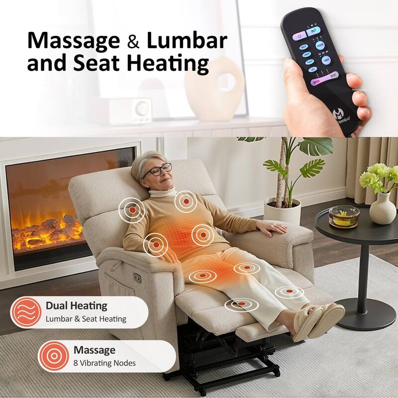 MCombo Power Recliner Lift Chair with Massage, Dual Heating and Adjustable Headrest for Big Elderly People, Fabric R7605