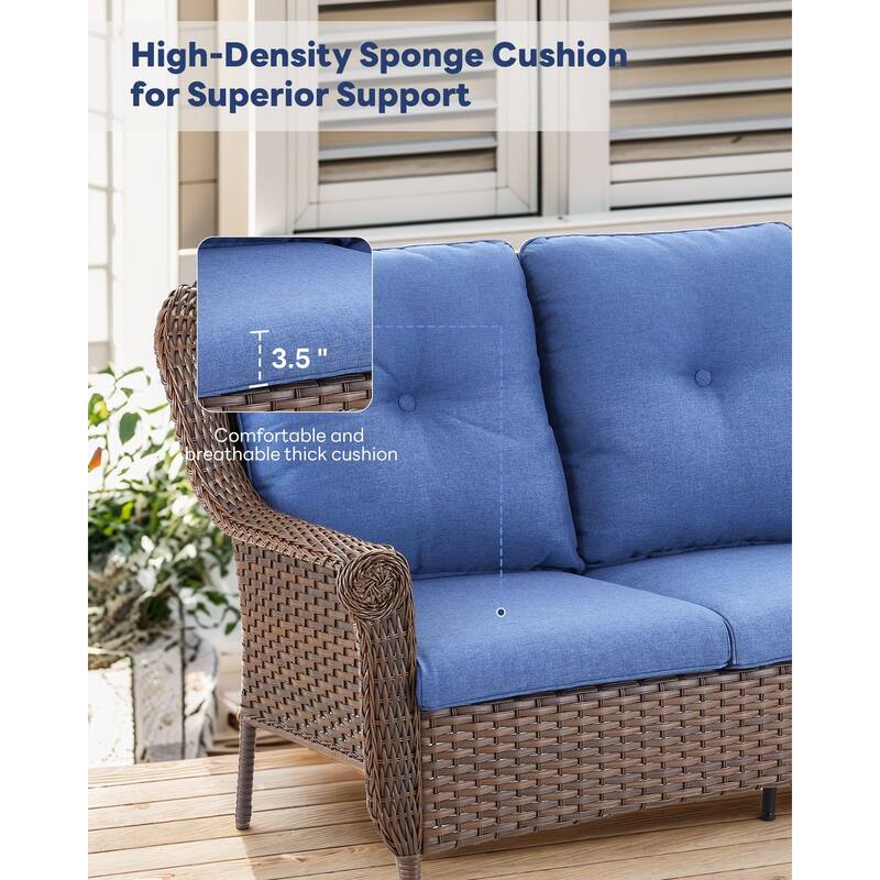 Outdoor 2-Seat Sofa with 2 Swivel Chair Table Brown - Blue