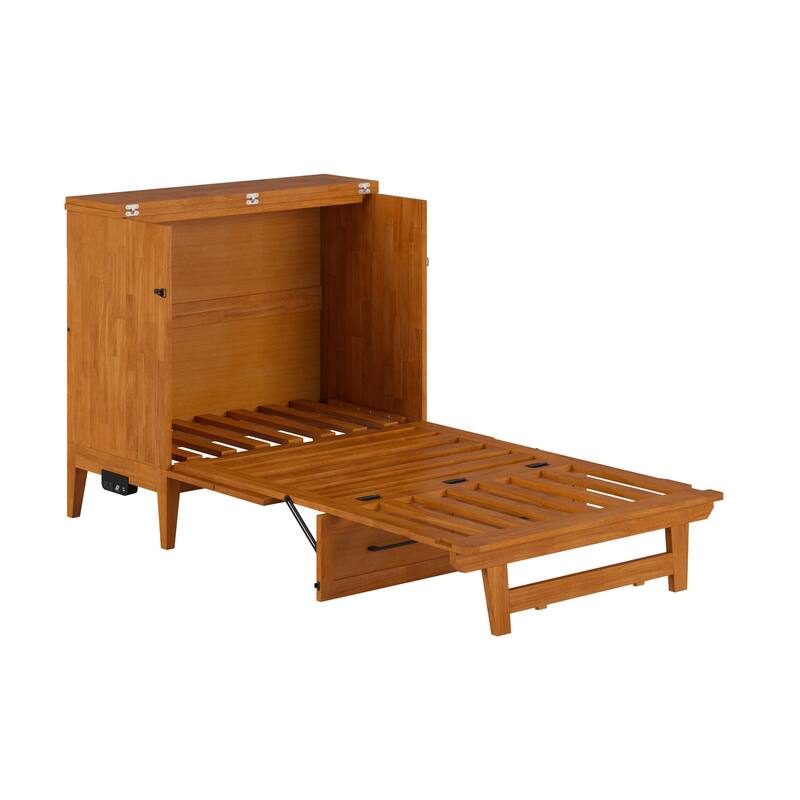 Twin Murphy Bed with Storage Chest & Charger - Solid Wood Folding Bed - Space Saving Furniture
