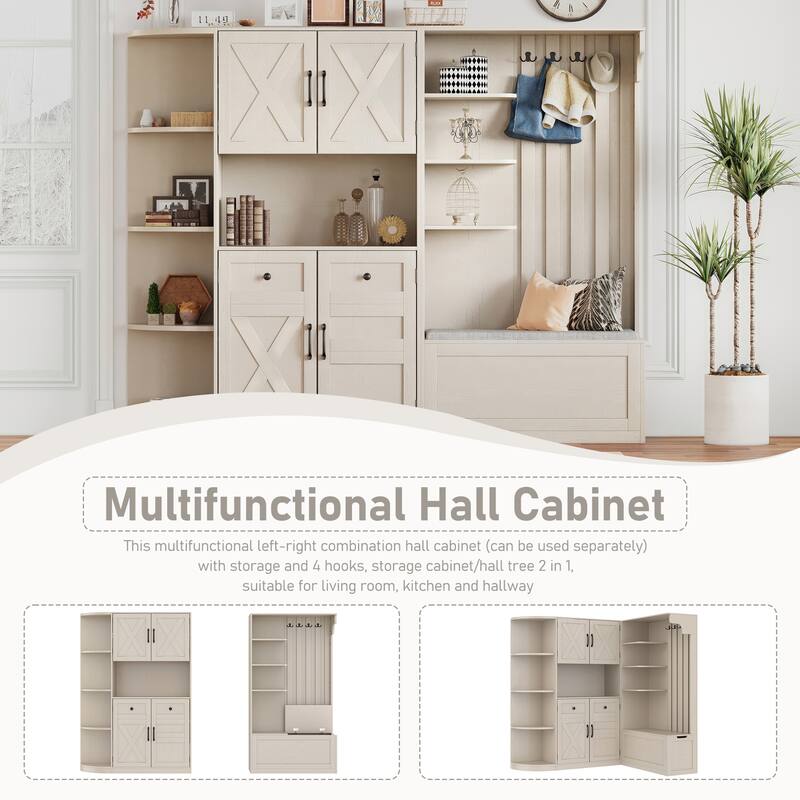 Modular Hall Cabinet – Dual-Use Storage Unit with 4 Hooks, 2-in-1 Design for Entryway, Kitchen, or Living Room