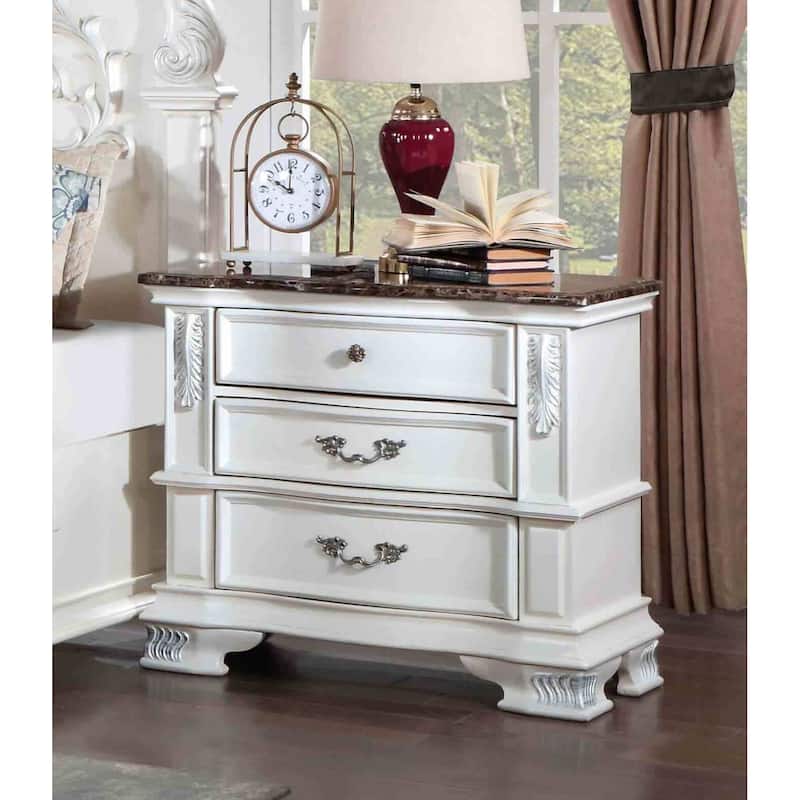 Traditional Nightstand - Pearl White Finish with Marble Top