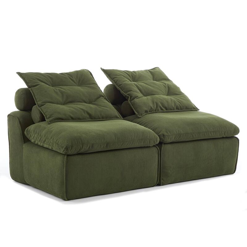 Modular 2-Seat Upholstered Green Sofa, DIY, Corduroy, with Neck & Lumbar Pillows