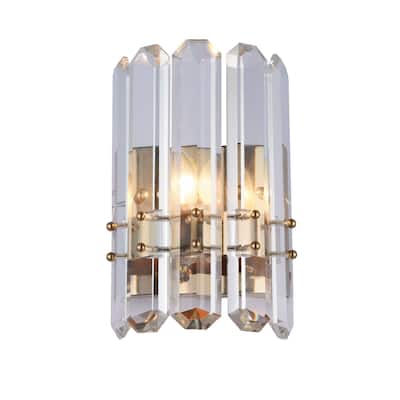 1 Light Gold Metal Frame Wall Sconce With Clear Crystal Plaques