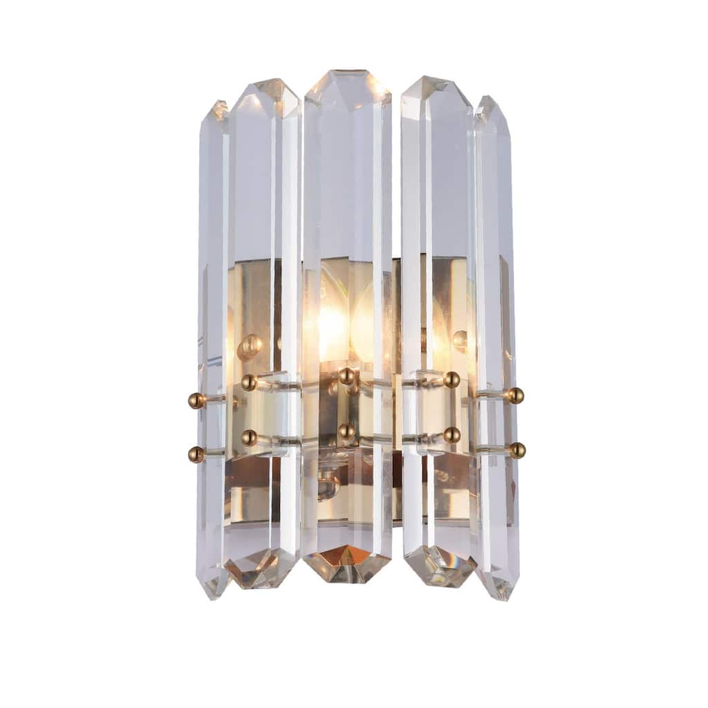 1 Light Gold Metal Frame Wall Sconce With Clear Crystal Plaques