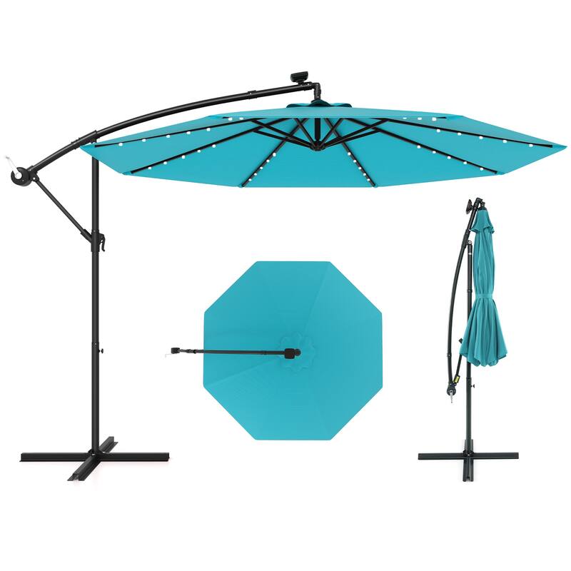 Gymax 10 Ft Solar LED 40 Lights Offset Umbrella Crank Cross Base Patio - Turquoise